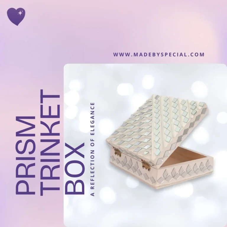 Store your treasures in style with Prism Trinket Box, a 6×6-inch wooden box with a 2.5-inch height. Featuring a solid lid adorned with a geometric design and mirror accents, this stunning piece is handcrafted by specially-abled artisans at Child Welfare Trust, Bhuj.