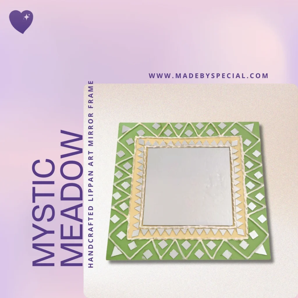 A square Lippan art mirror frame handcrafted with green and beige clay work and embedded mirrors in geometric patterns. The background is a gentle gradient of pastel hues with the text “Mystic Meadow – Handcrafted Lippan Art Mirror Frame”