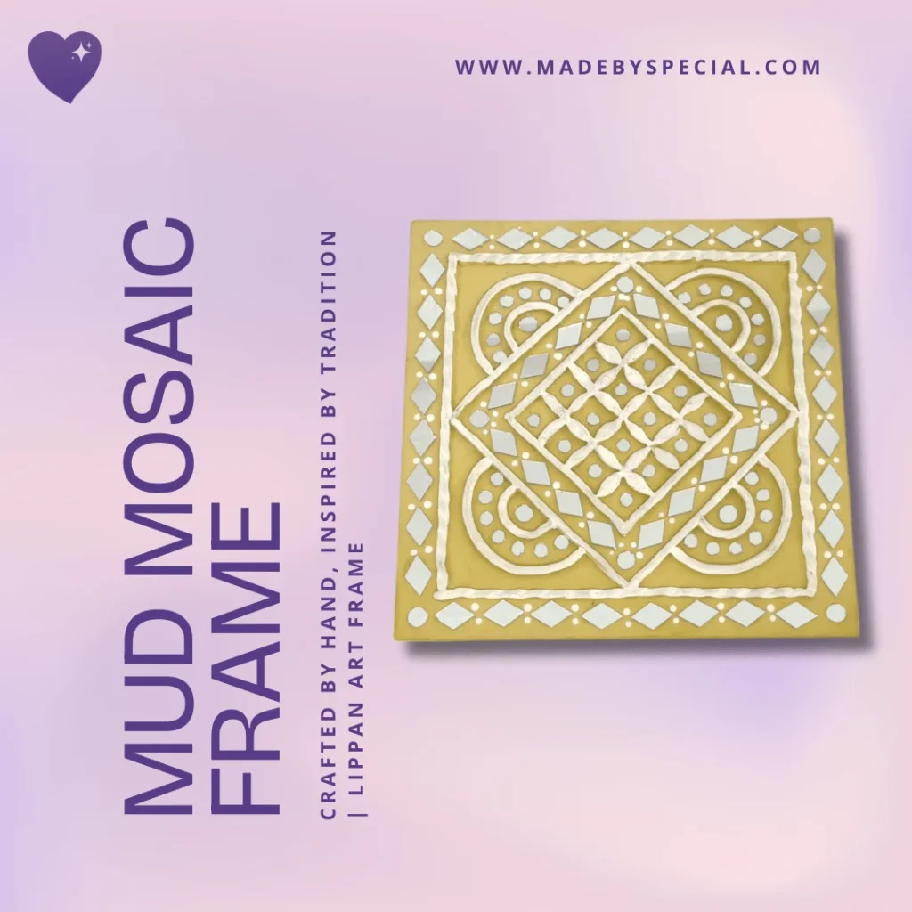 A handcrafted yellow Lippan art mud mosaic frame with white mirror work, displayed on a pastel pink and purple gradient background.